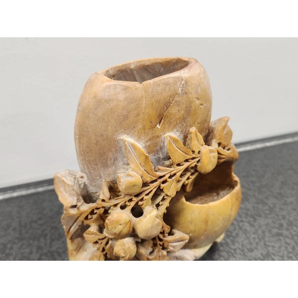 Carved Soapstone Chinese Floral Vase Carving Tan Floral Fruit Vintage Twin Vase